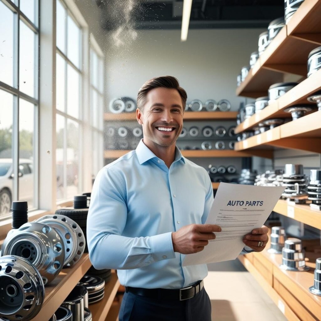 Faça uma imagem contendo de um empresário, dentro da sua empresa (loja de autopeças para veículos), feliz, pois conseguiu recuperar um crédito tributário _